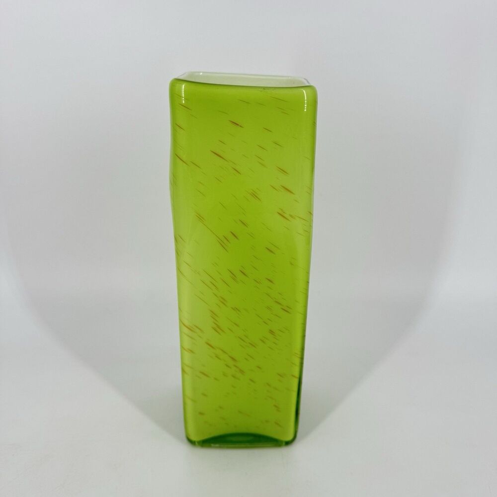 Tall Green Art Glass Vase Hand Blown Style Square Modern Speckled 9.75” - Picture 7 of 10